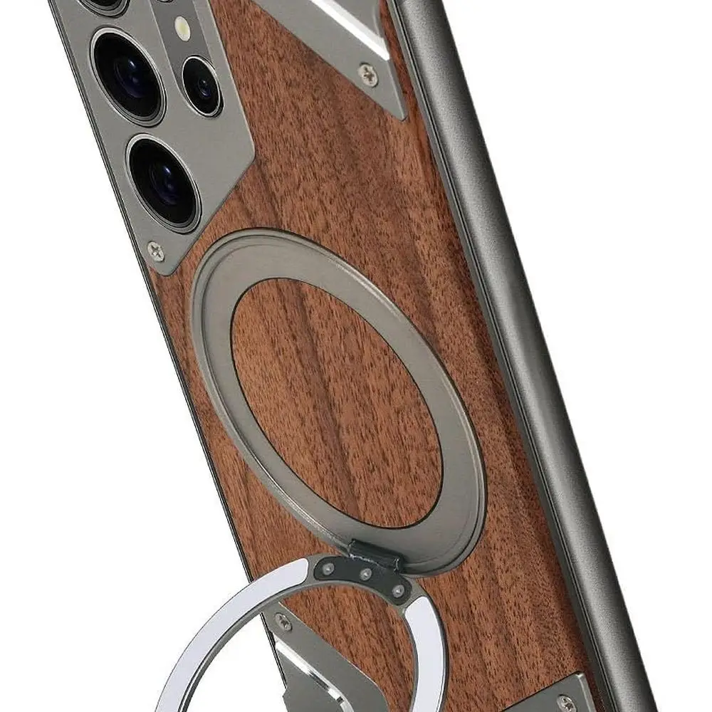 Funda Robusta de Aluminio para iPhone 16 Pro con Marco de Madera de Nogal y 360 ° Soporte giratorio para protección de grado militar