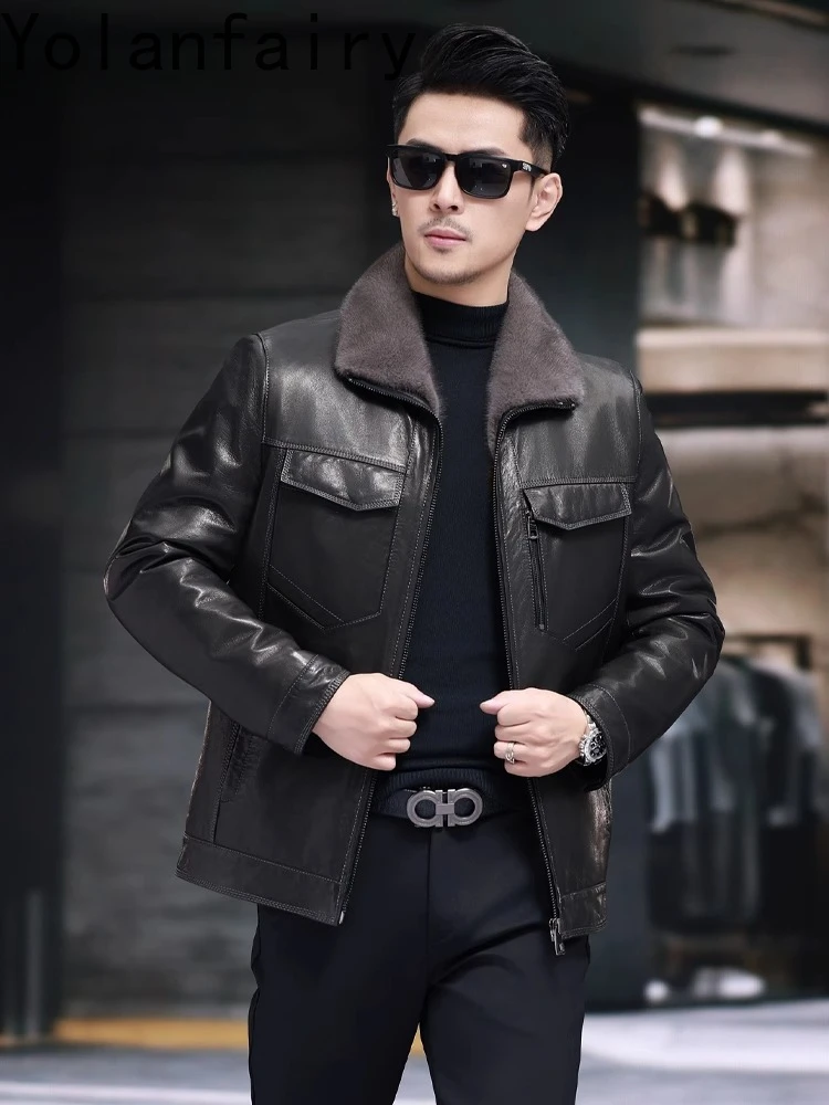 YOLANFAIRY Genuine Leather Jacket Men Winter Whole Mink Fur Liner Coat Casual Real Goatskin Leather Jackets Fur Coats Man 2025