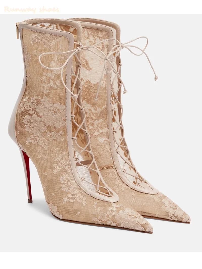Pointed Black mesh Flower embroidery luxurious Summer Women's Boots Hollowed-out instep Cross straps Banquet ankle boots