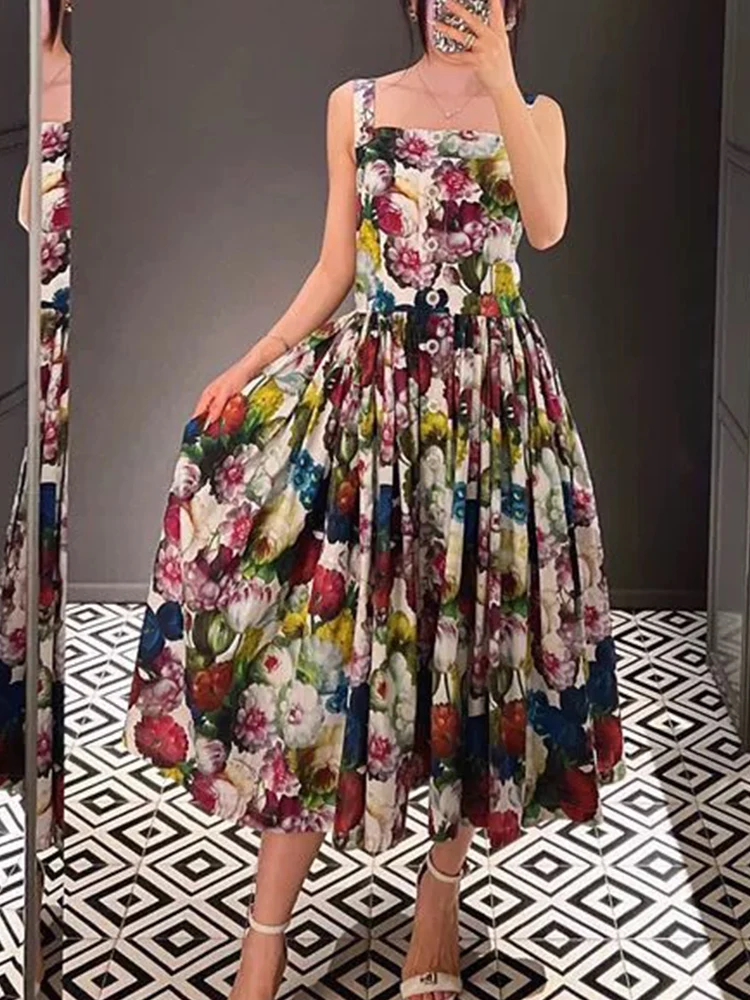 Fashionable and elegant printed cotton tube top suspender dress summer new single-breasted pocket waist swing long A-line skirt.