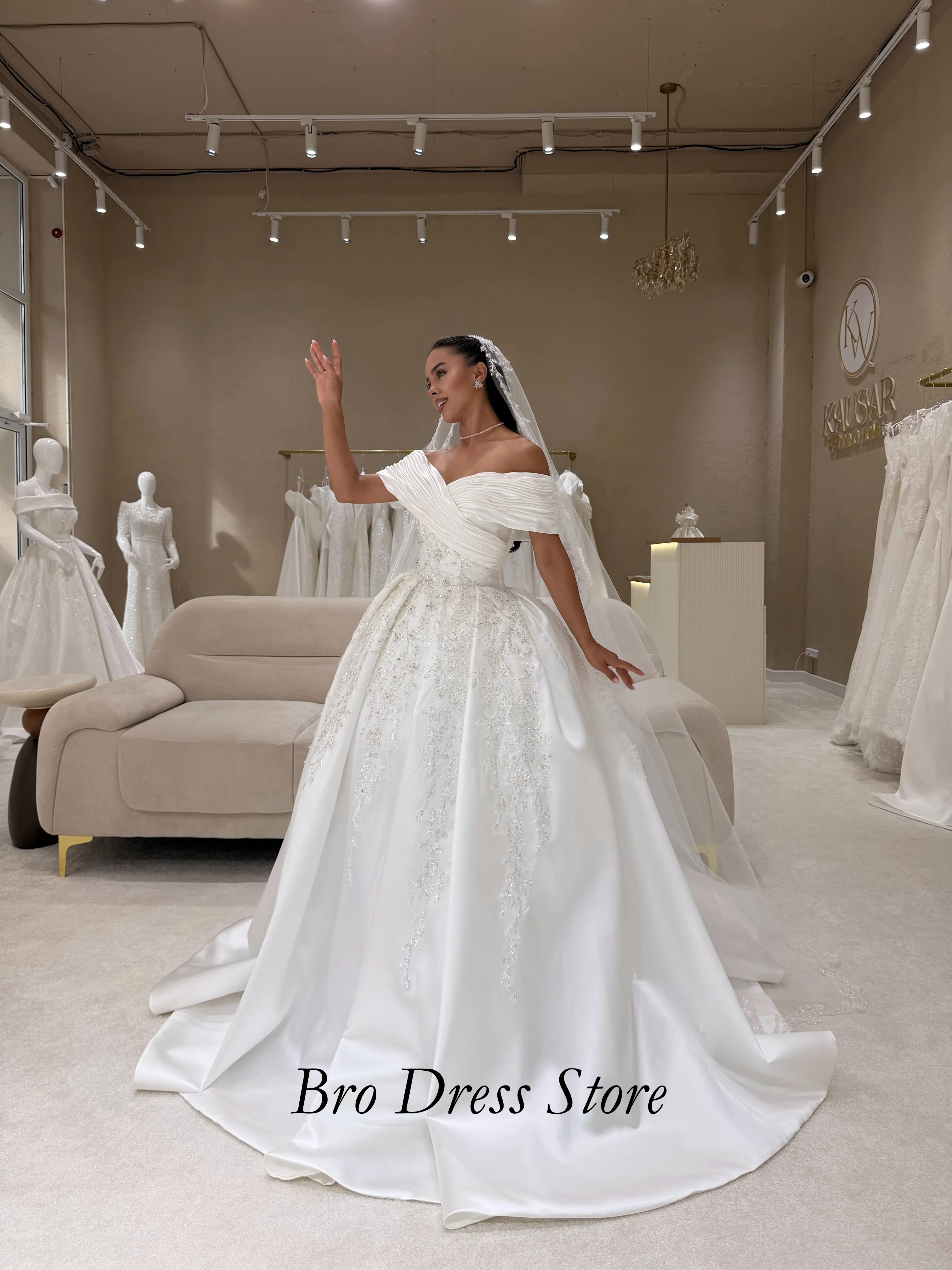 Customized 2027 Luxury Beaded Lace Wedding Dress Off Shoulder Satin Ball Gown Long Train Ceremony Dress Vestido De Noiva