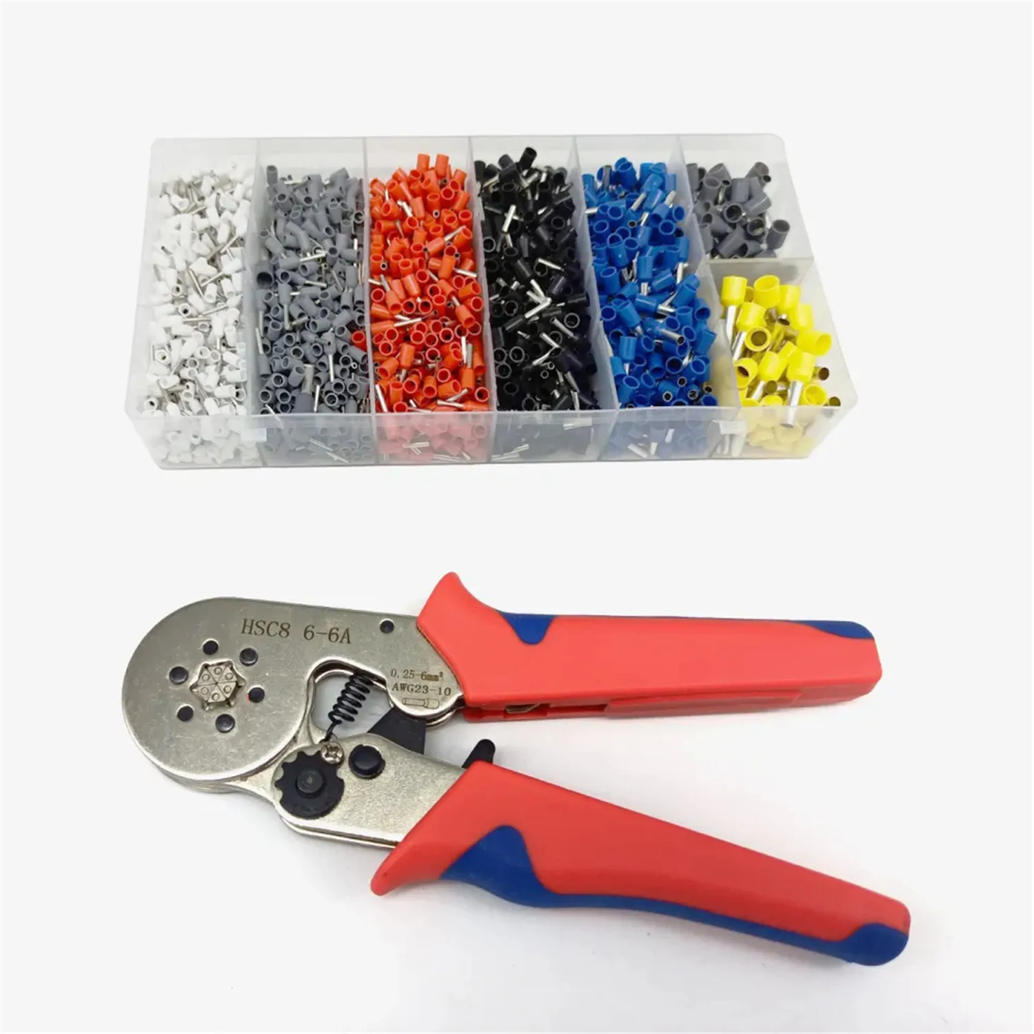 مجموعة أدوات المكشكش HSC8 6-6A مجموعة كماشة العقص ذاتية الضبط مع 1900 قطعة محطات الأسلاك المعزولة 0.25-6mm2 23-10 AWG أزرق