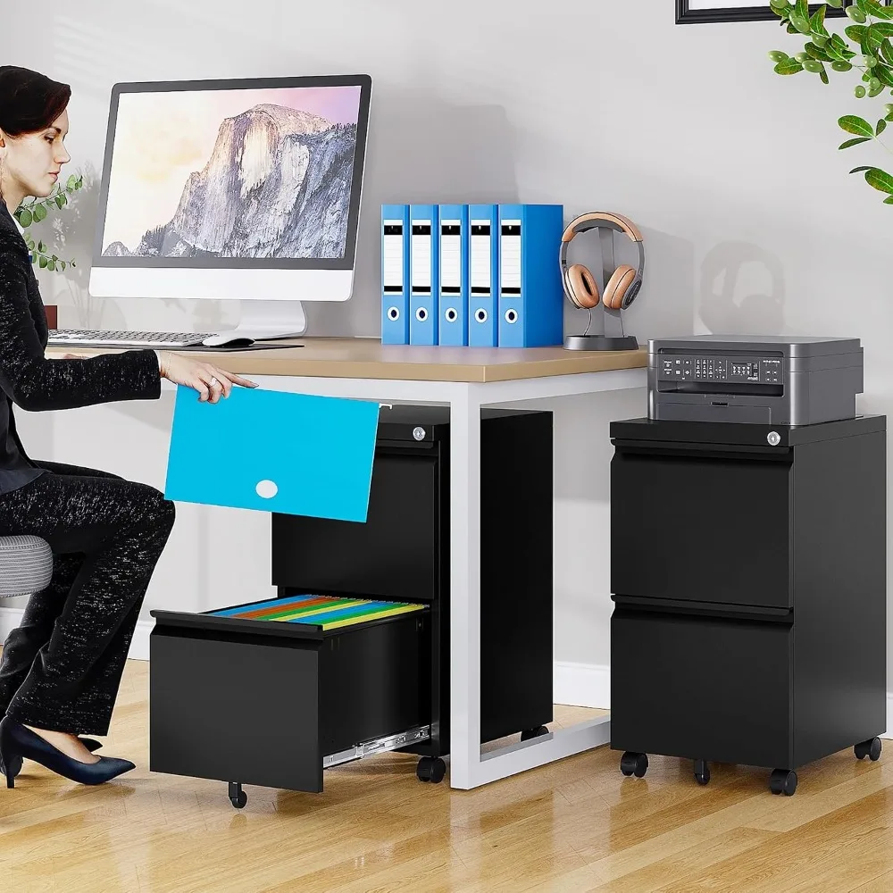2 Drawer Metal File Cabinet with Lock, Black Rolling Under Desk Office Cabinet for A4 Letter Legal