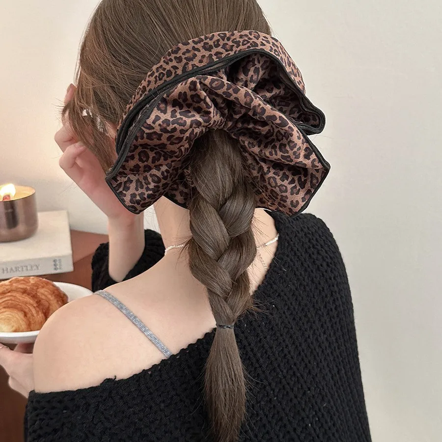 Velvet Leopard Print Scrunchie Double Layer Skirt Hem Large Size Premium Elastic Hair Tie for Women Daily Party