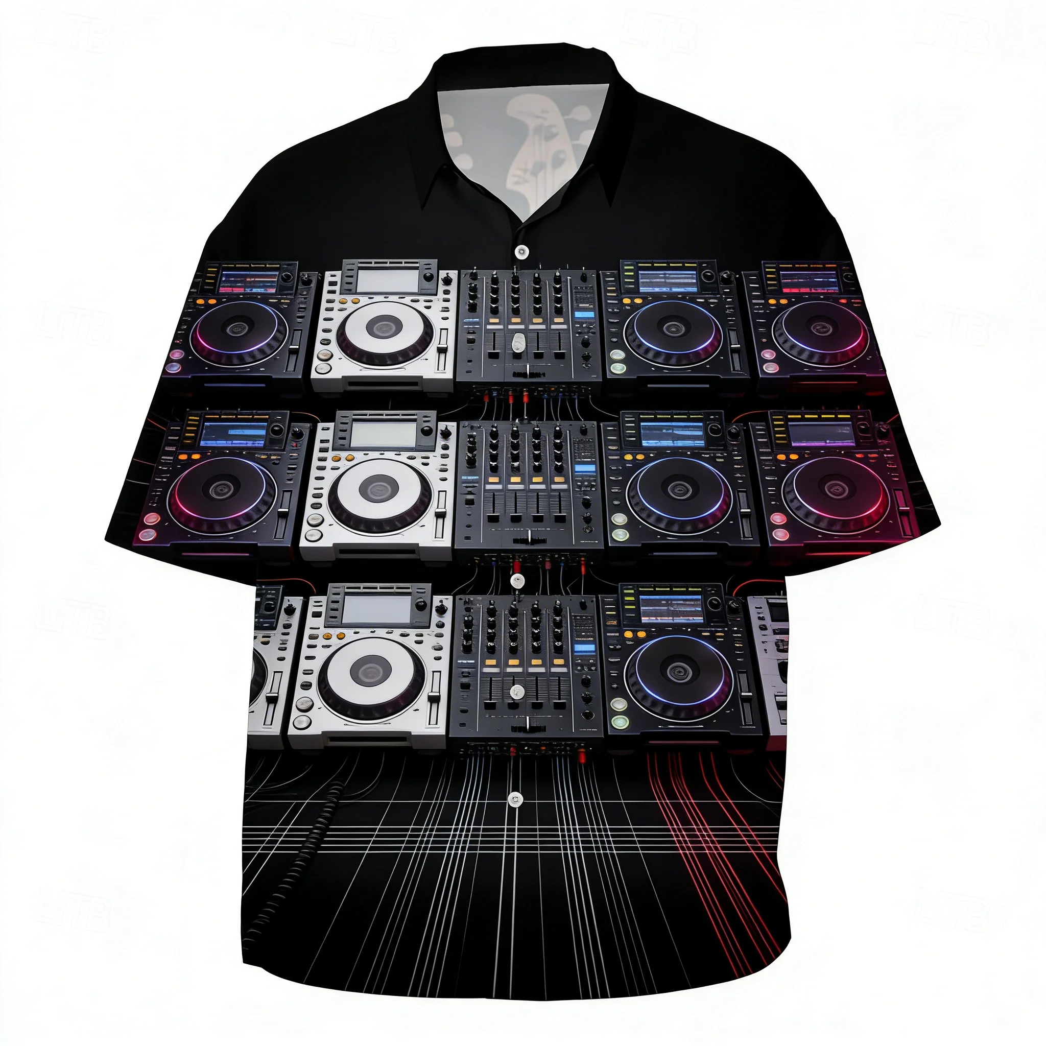 

Men's DJ Controller Mixer Print Short Sleeve Shirt, Turntable Setup Design Button Down for Spring Summe