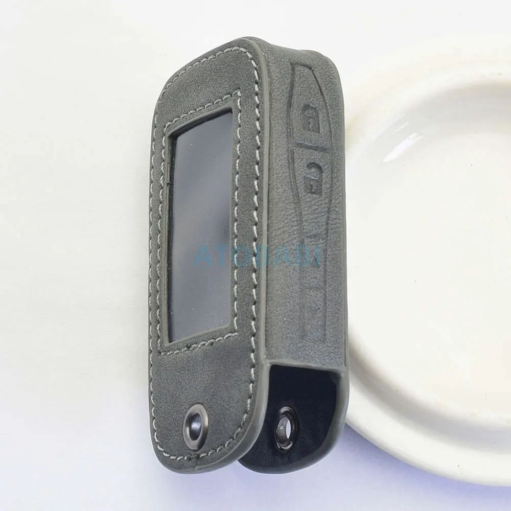 Graue Leder-Autoschlüsselhülle für StarLine E90 E60 E63 E93 E95 E66 E96 E65 E61 E91 Zwei-Wege-Auto-Alarmsystem LCD-Fernbedienung Fob-Hülle – Detail 5