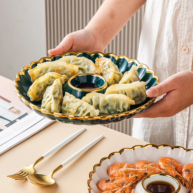 Round Snack Plate with Dip Dish Ceramic Dumpling Plate Phnom Penh Porcelain Tableware Salad Sushi Dish Home Kitchen Supplies