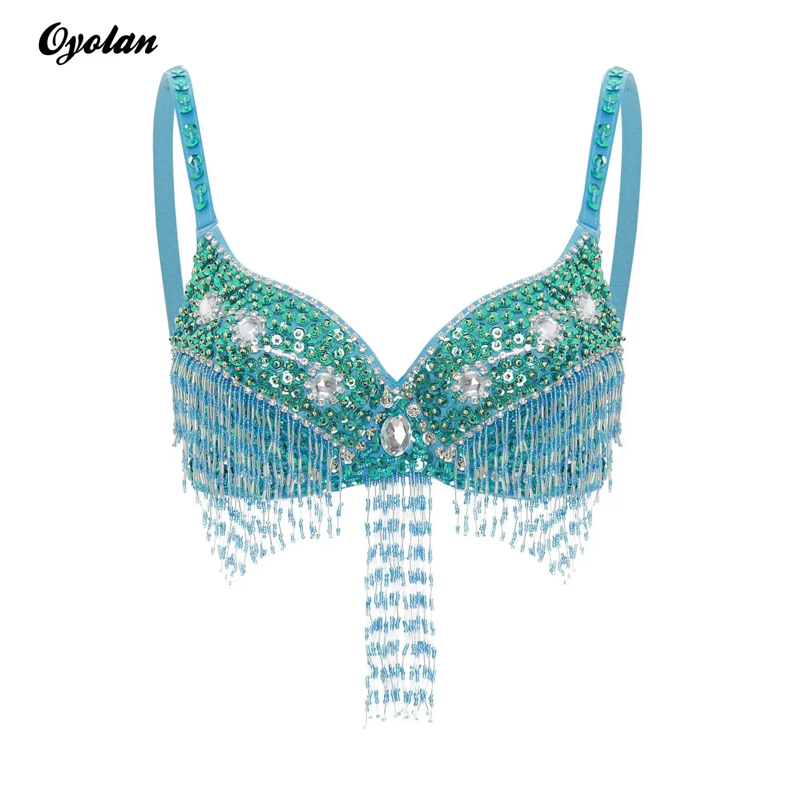 Womens Buikdans Beha Tops Glanzende Pailletten Plastic Kralen Fringe Beugelbeha Push Up Balconette Salsa Rumba Dans Kostuum