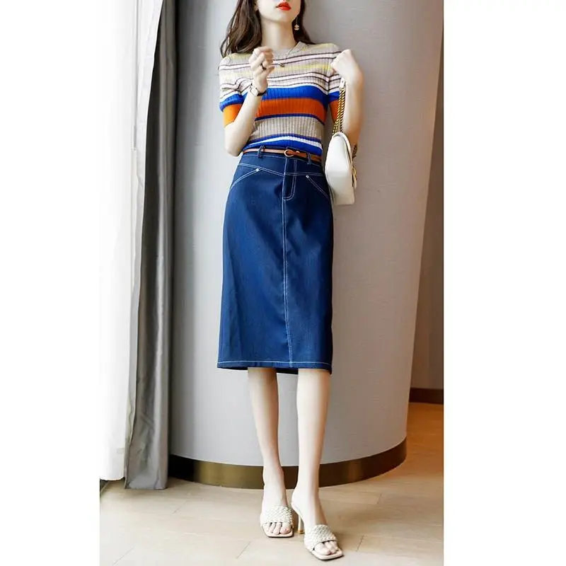 Royal Sister Style Set Women's 2023 Summer Internet Red Fried Stripe Short Sleeve Celebrity Denim Half Skirt Two Piece Sets