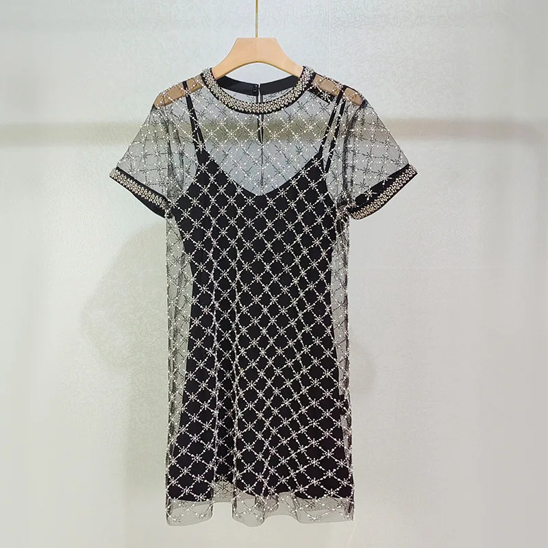 

French Beaded Diamond Round Neck Mesh Sling Two-piece Short Sleeve T-shirt Dress Women Fashion Vintage Wine Party Luxury Dress