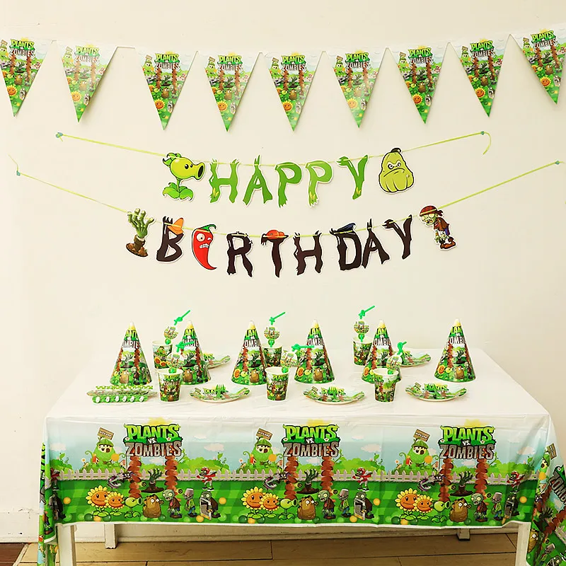 Plants Vs. Zombies Theme Birthday Party Layout Scene Decoration Tablecloth Paper Cup Plate Hat Tableware Banner