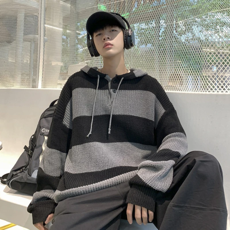 

Striped Sweaters Men Contrast Color All-match Long Sleeve Korean Style High Street Hooded Males Knitwear Baggy Popular Autumn