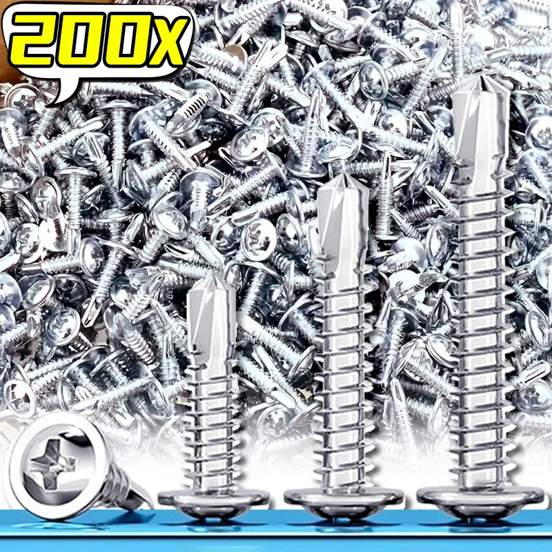 200–20 Stück Edelstahl-Kreuzplattenkopf-Bohrschwanzschrauben, großer flacher Kopf, selbstschneidende Kreuzschlitzschraube, Befestigungselemente, Hardware, DIY