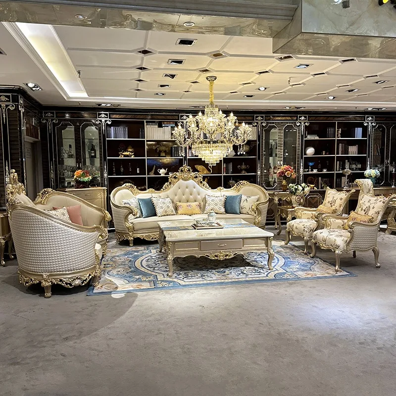 French leather sofa 1135 combination, European sofa luxury villa living room solid wood champagne curved sofa