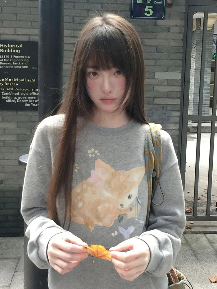 

Американский стильный свитшот с круглым вырезом для женщин, весенний, с принтом оленя, повседневный, свободный, омолаживающий, с длинными рукавами, для ношения под одеждой.