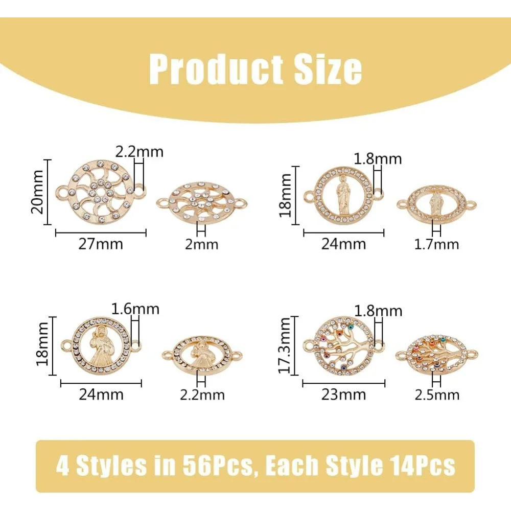 56Pcs 4 Styles Flat Round Connector Charms Tree of Life Flower Enamel Links Golden Round with Saint and Virgin Connector Alloy