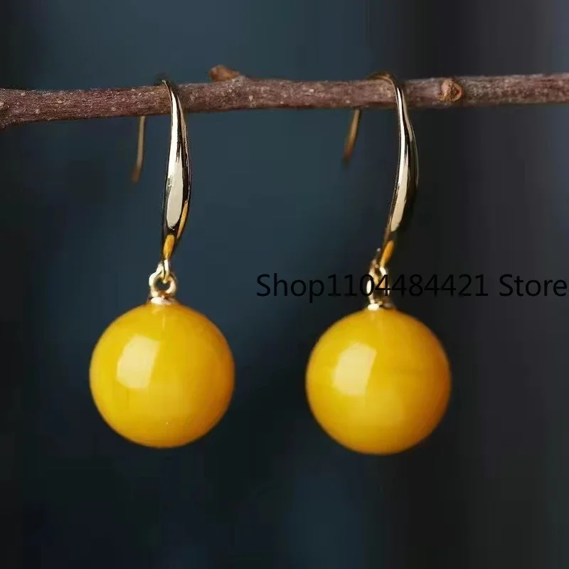 Natural Chicken Oil Yellow Beeswax Round Bead Earrings New S925 Silver Red Amber Eardrops Luxury Classic Women's Jewelry Mascots