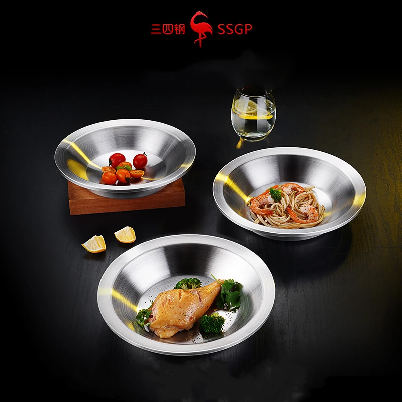 LFGB Certificate 304 Stainless Steel Luxury Wider Edge Heat Insulating 245mm Plate for Dinner Cutlery Fall Resistant Tableware