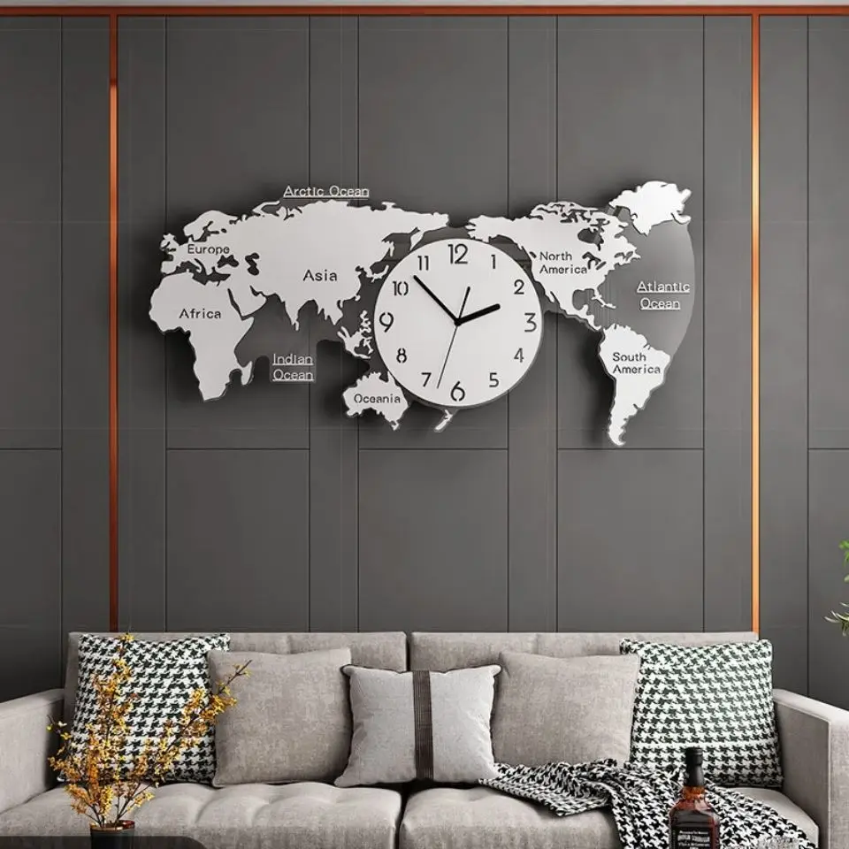 Oversized 3-meter world map office decoration clock, wall clock, living room, modern and minimalist atmospheric clock