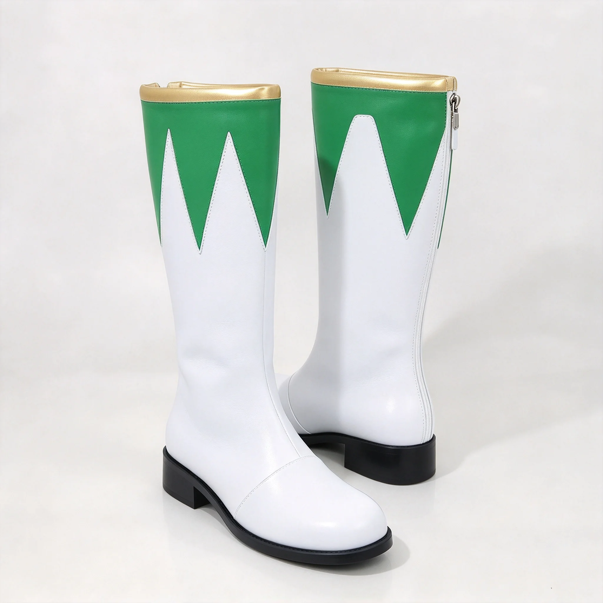 In Stock Tommy Oliver Cos Boots, Green Ranger Cosplay Shoes, White Knee High Boots With Green Triangle Pattern & Golden Cuff Dec