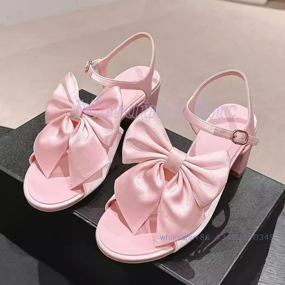 Pink Satin Butterfly-know Sandals Round Toe Block Chunky Heel Ankle Buckle Strap Classic Mixed Colors Women's Dress Shoes Sandal