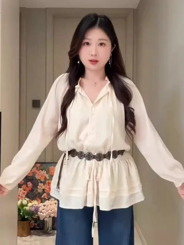 

Женская рубашка больших размеров с завязками, красивая, уникальная, летняя, в новом корейском стиле, для офиса и повседневной носки, с длинным рукавом, с поясом