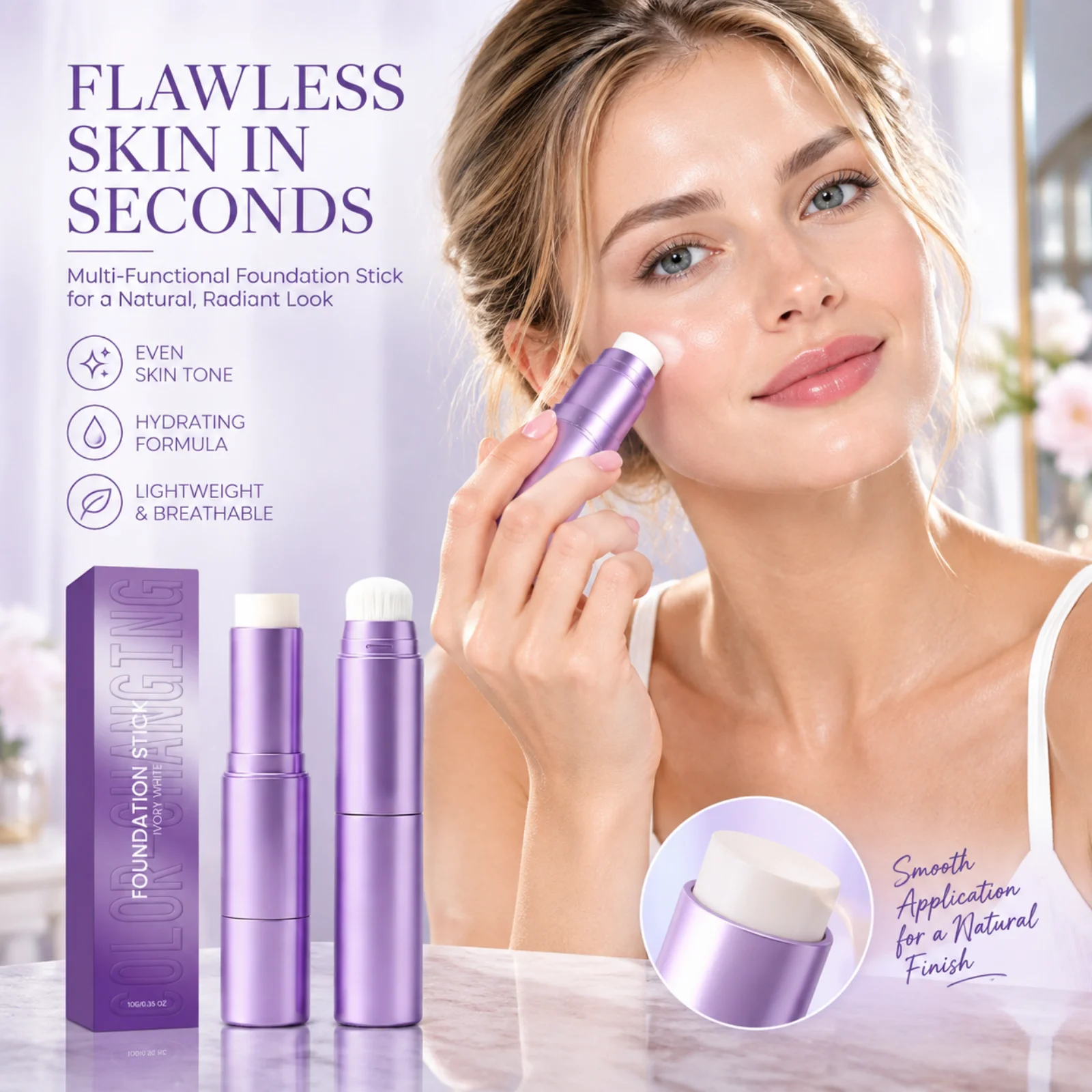 2 in 1 Color Changing Foundation Stick with Brush Smooth Texture Even Skin Tone Easy Blend Base Coverage Concealer Makeup Stick