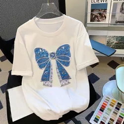 Women's Short Sleeve Round Neck T-Shirts Casual Cartoon Tshirt Oversized Baggy Tees Y2K Patchwork Tops Hot Drill Summer Fashion