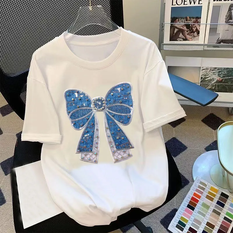 Women's Short Sleeve Round Neck T-Shirts Casual Cartoon Tshirt  Oversized Baggy Tees Y2K Patchwork Tops Hot Drill Summer Fashion