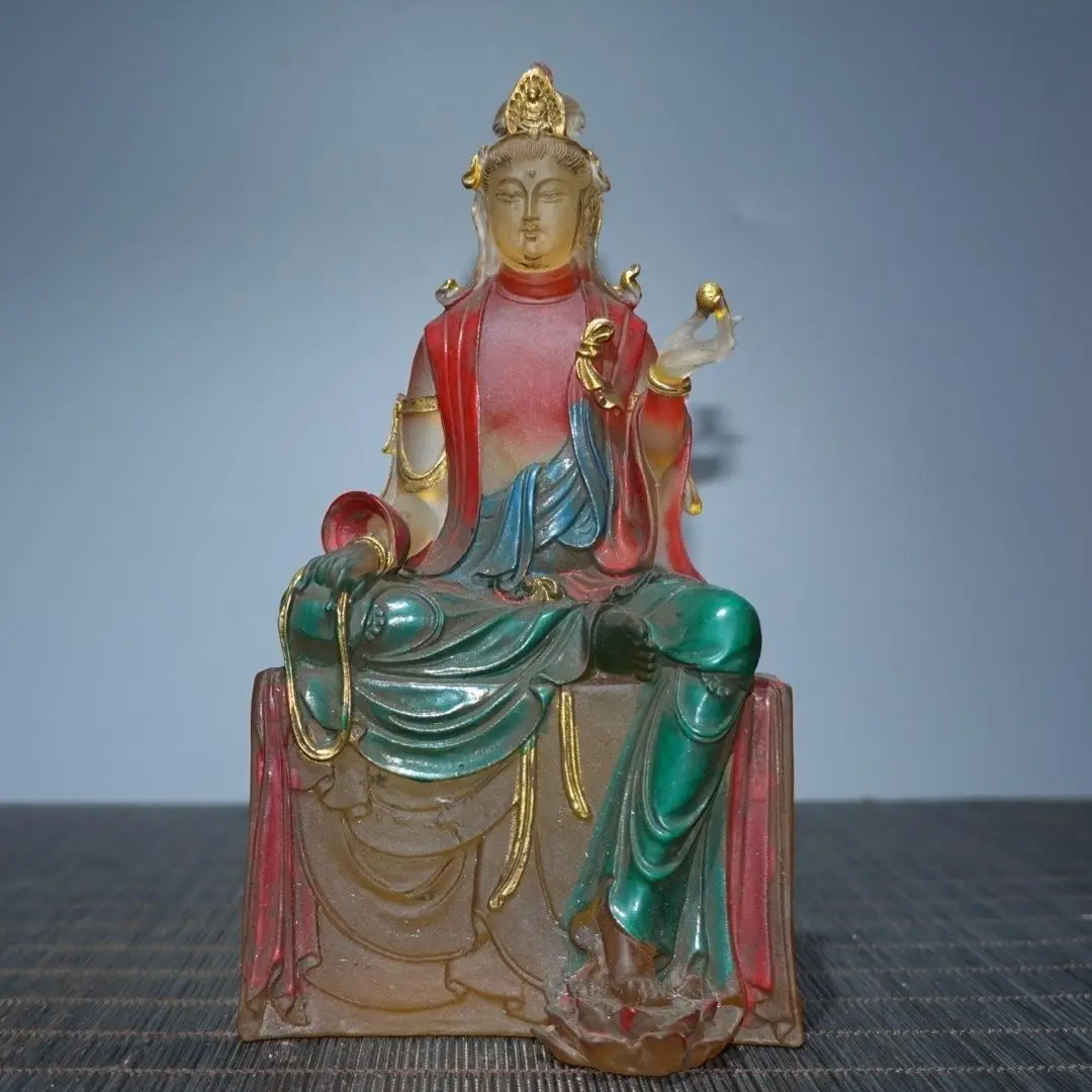 Old Tibetan glazed painted Buddha statue, length 8.5cm, width 6.5cm, height 16.5cm, weight 74g