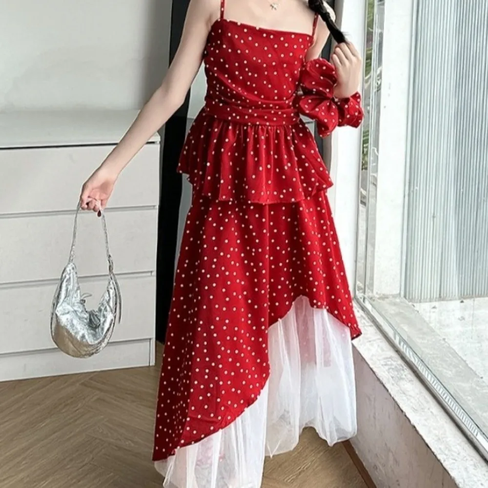 

Красное платье в горошек с рюшами, топ-камизоль, безрукавка с оборками, юбка на бретельках для девочек, повседневное свободное детское красное платье