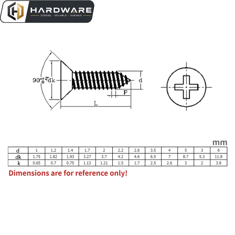 316 Stainless Steel M2 M2.2 M2.6 M3 M3.5 M4 M5 M6 Marine Grade Phillips Flat Countersunk Self-tapping Wood Screw