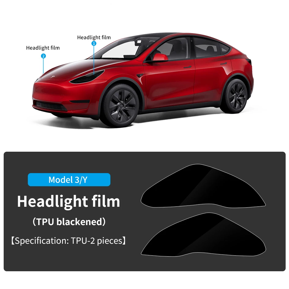 Suitable for Tesla 2021–2023 Model 3/Y – Black TPU headlight film, smoked refit protection sticker.