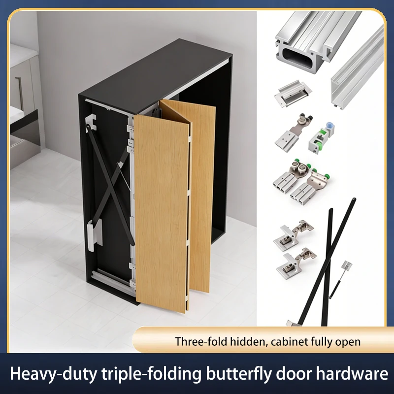 Heavy Duty Triple Fold Butterfly Door Hardware Hidden Side Mounted Insert Pocket Swinging Door Track For Wardrobe Cabinet