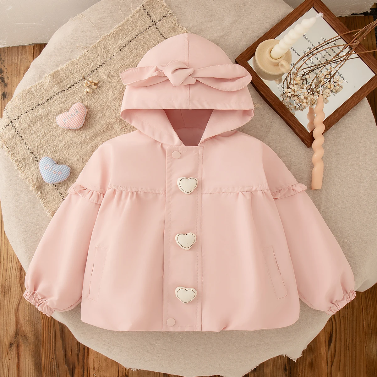

Spring Autumn Toddler Girl Long Sleeved Coat Heart Shaped Decoration Pink Hooded Zipper Jacket Girls Sweet Photo Shoot Costume