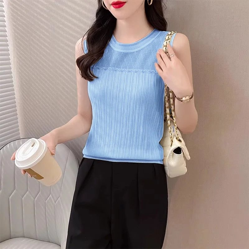 Summer New Fashion Casual Knitted Tank Top Women Round Neck Patchwork Lace Slim Fit Simple Versatile Sleeveless Bottoming Vest