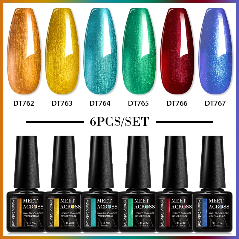 MEET ACROSS 6 Pz/set Specchio Metallico Gel Smalto Per Unghie Oro Argento Verde Semi Permanente Unghie Artistiche Gel UV Vernice Kit Manicure