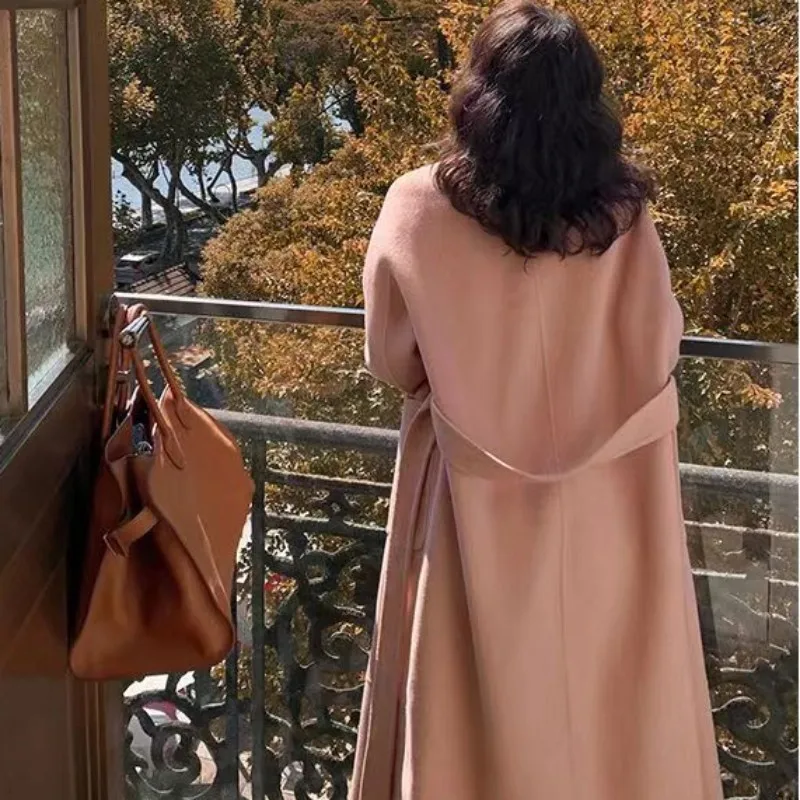 2024 Autumn Winter New Fashion Hepburn Style Mid length Women\'s High end Temperament Pink Green Loose Korean Edition Woolen Coat