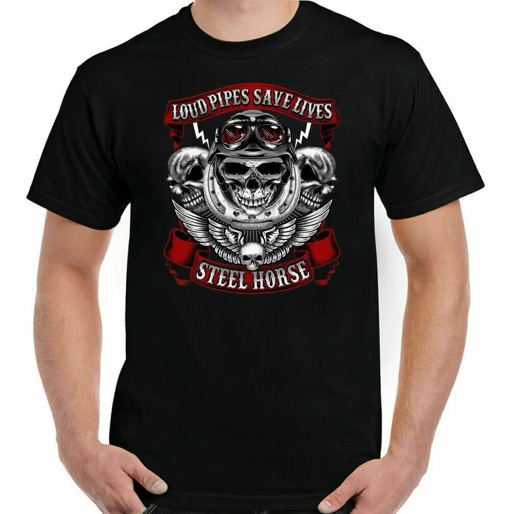 

Biker T Shirt Mens Motorbike Motorcycle Steel Horses Loud Pipes Save Lives Funny