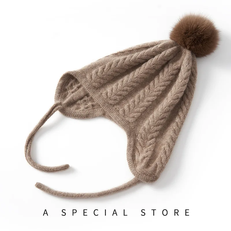 Women's Cashmere Hat New Women's High-End Knitted Hat Outdoor Warm Twisted Hairball Hat Ear Cap Knitted Casual Hat