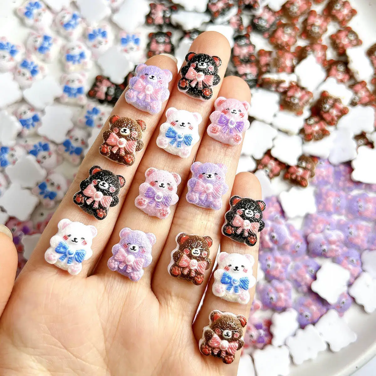 20PCS Cartoon Adorable Bear Resin Nail Charms Luminous Bow Powder Blusher Bear Nail Art Decorations DIY Hairpin Nail Materials