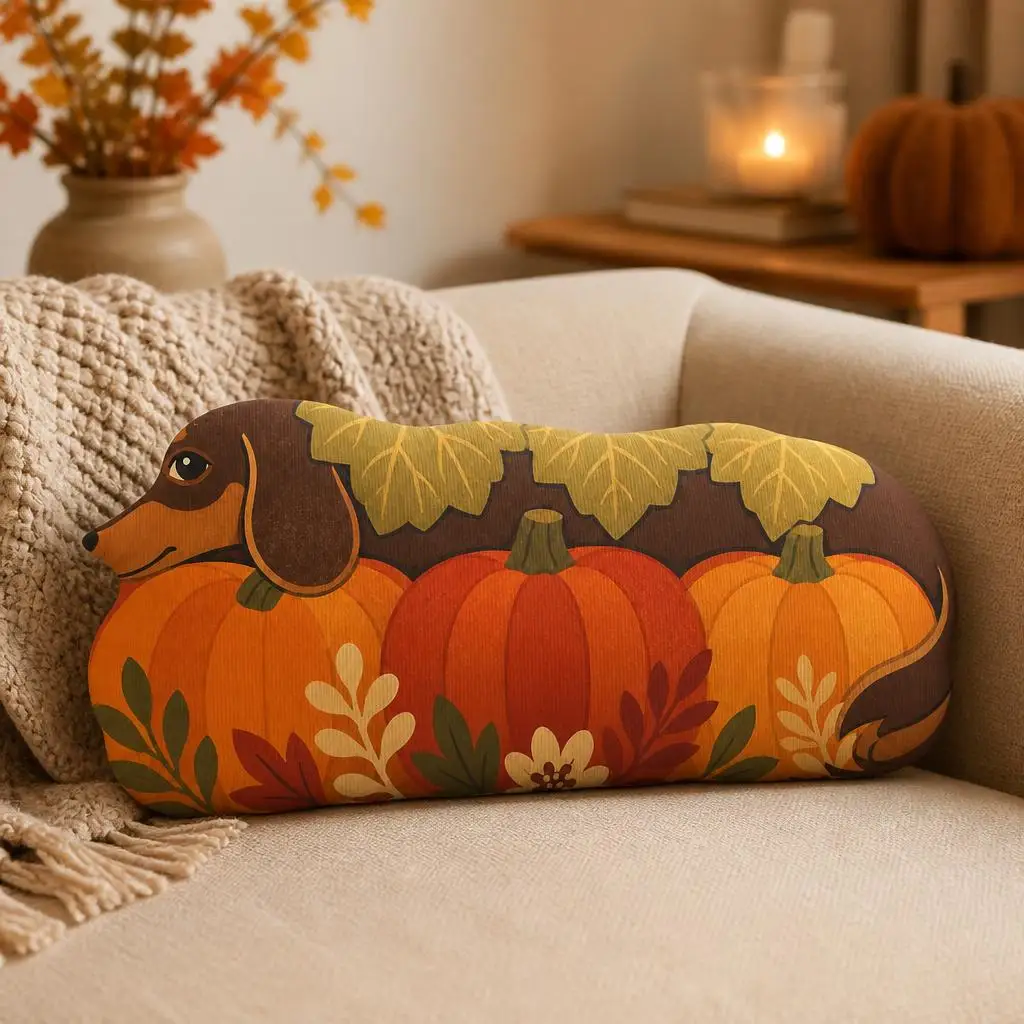 Pumpkin Patch Dachshund Shaped Throw Pillow Fall Dog Cushion Stuffed Long Dog Pillow Autumn Home Decor Pet Lover Gift Idea