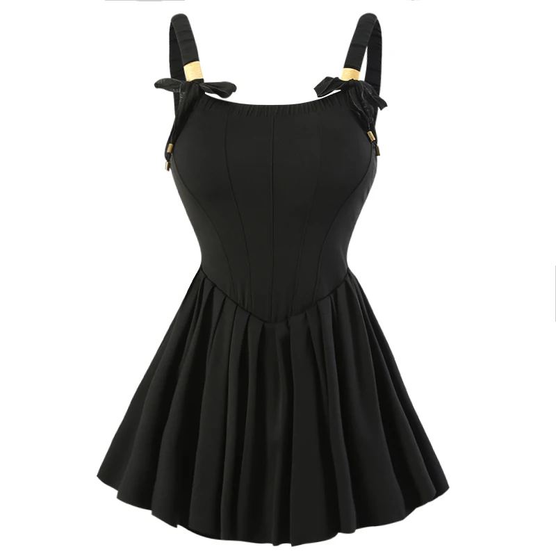 Summer Elegant Personality Sweet Bow Dress Conservative One-piece Swimsuit Black Girls Seaside Water Park Sexy Backless Swimwear