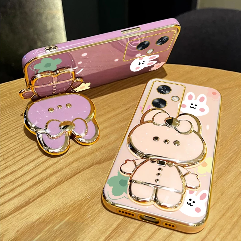 A 79 Flower Strap Rabbit Makeup Mirror Phone Holder Case On For Oppo A79 A2 5G OppoA79 Girl Woman Stand Cover