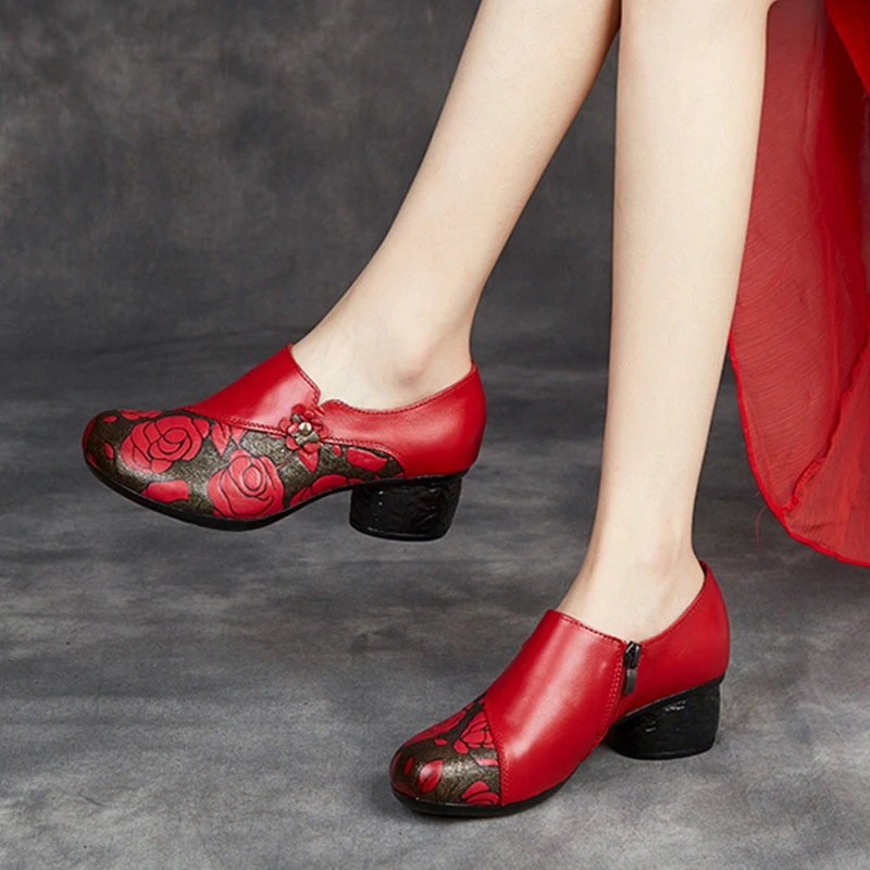 Women's Genuine Leather Ethnic Pumps Red Rose Floral Print Block Heel Slip On Mom Shoes Woman Handmade Dance Shoes Mature Ladies view 6