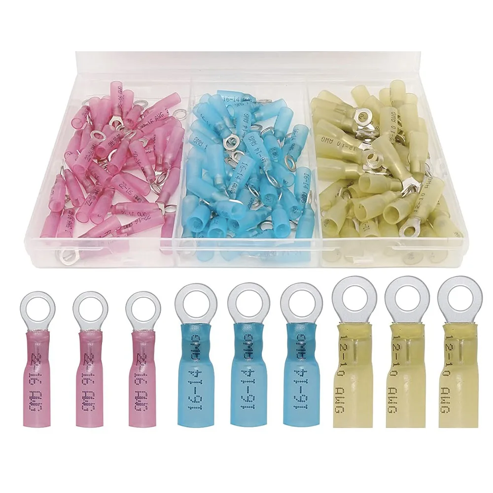 120Pcs 22-16 16-14 12-10 AWG Heat Shrink Ring Wire Connector Terminal Kit Electrical Connectors Automotive Marine Ring Connector