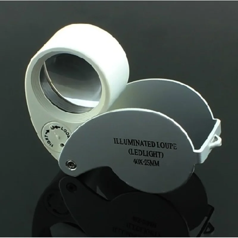 Silver Folding 40X 25mm Glasses Magnifier Loupe Jewelry Watch Lupa Led Light Lamp Magnifying Glass