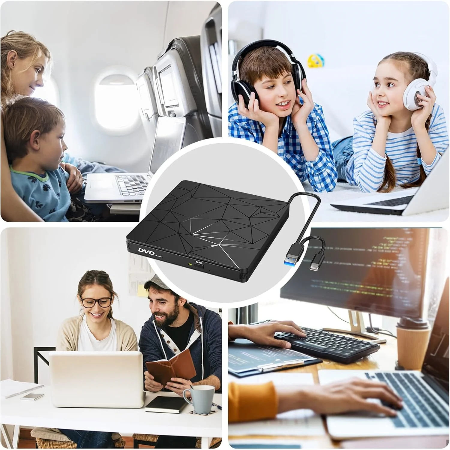 External DVD RW Drive,Portable USB 3.0/Type-C CD Drive Burner with Mute Design, +/-RW Drive Optical Readers for Laptop Desktop