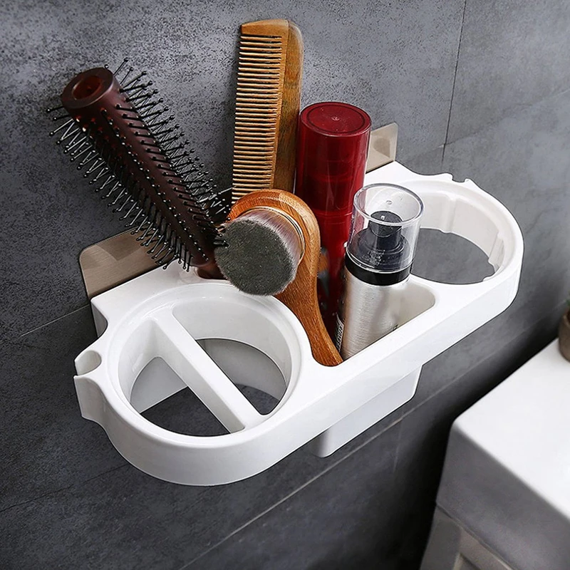 Multifunction Bathroom Storage Hair Dryer Holder Shower Organizer Self-adhesive Wall Mounted Plastic Shelf Shampoo Straightener