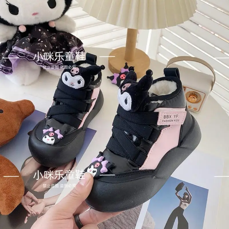 Sanrios Girl Cotton Boots Kuromi Winter New Velvet Keep Warm Kawaii Cartoon Child Shoe Versatile Short Boots Anime Figure